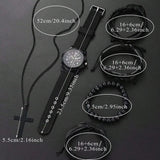 6Pcs_Set Fashionable Pu Leather '8' Shape Beaded Bracelet with Mechanical Watch, Cross Pendant Necklace for Men, Black-Colored