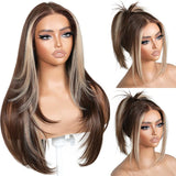 Brownbomb Wear and Go Layered Straight Synthetic Wig Glueless Pre Cut Lace Pre Plucked 26 Inch and Face Framing Bangs T Lace Perfect Middle Part Heat Resistant Fiber Realistic Wig for Daily Wear Parties Dating
