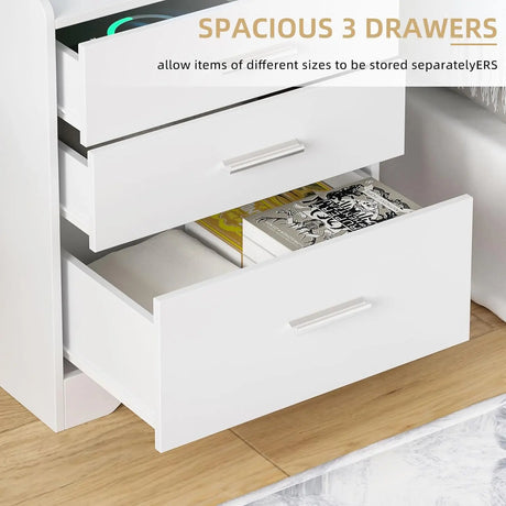 Nightstand with Charging Station & Led Lights White Bedside Table with Drawers & Open Storage Shelf Night Stand for Bedroom