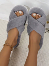 Women'S White Open Toe Cross Strap Fuzzy Slipper, Indoor Anti-Slip House Shoes, Fashionable