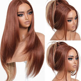 Brownbomb Wear and Go Layered Straight Synthetic Wig Glueless Pre Cut Lace Pre Plucked 26 Inch and Face Framing Bangs T Lace Perfect Middle Part Heat Resistant Fiber Realistic Wig for Daily Wear Parties Dating