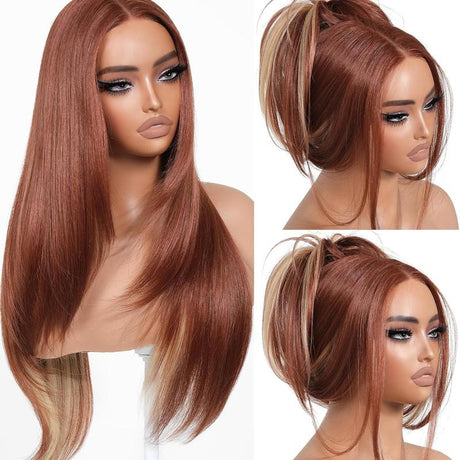 Brownbomb Wear and Go Layered Straight Synthetic Wig Glueless Pre Cut Lace Pre Plucked 26 Inch and Face Framing Bangs T Lace Perfect Middle Part Heat Resistant Fiber Realistic Wig for Daily Wear Parties Dating