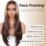Brownbomb Wear and Go Layered Straight Synthetic Wig Glueless Pre Cut Lace Pre Plucked 26 Inch and Face Framing Bangs T Lace Perfect Middle Part Heat Resistant Fiber Realistic Wig for Daily Wear Parties Dating
