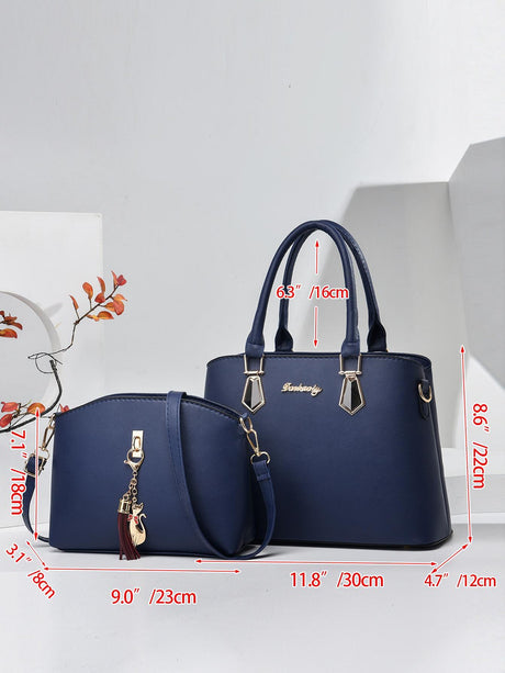 PLANEE Large Capacity 2-Piece Bag Set: Portable, Business Casual Tote & Crossbody Bags with Letter & Tassel Decor. Perfect for Work, School, College, Shopping, Commute, and Outdoor Activities. Lightweight, Stylish, and Functional for Women and Teen Girls.
