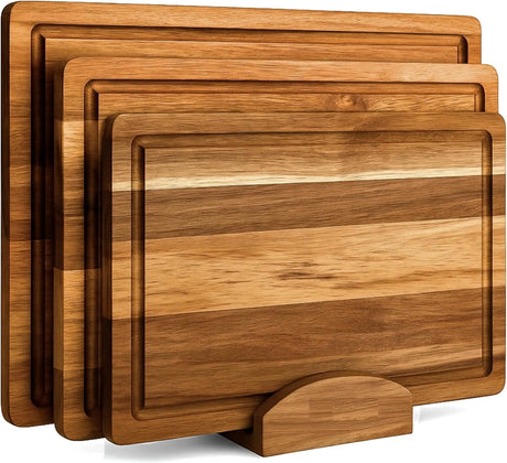Acacia Wood Cutting Board Set of 3 – Non-Toxic, Non-Slip with Holder, Juice Grooves & Handles  Ideal for Meat, Veggies & Charcuterie
