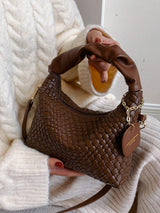 New Style Fashionable Simple All-Match Trendy Pleated Weaving Pu Color Block Handbag Shoulder Bag Crossbody Bag