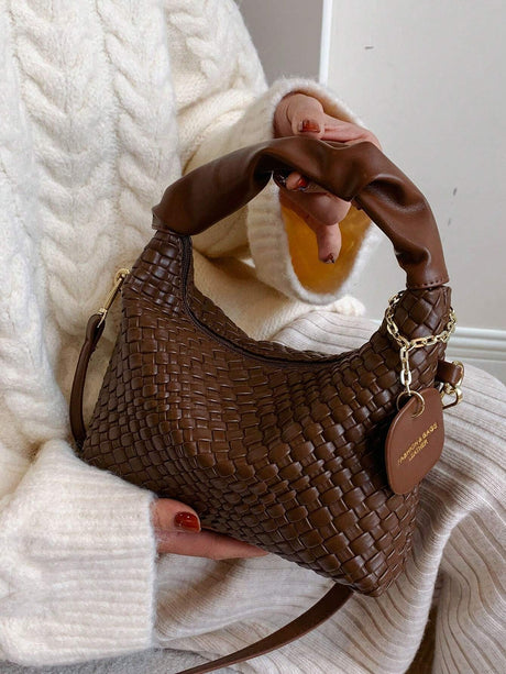 New Style Fashionable Simple All-Match Trendy Pleated Weaving Pu Color Block Handbag Shoulder Bag Crossbody Bag