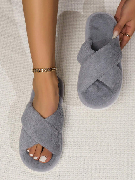 Women'S White Open Toe Cross Strap Fuzzy Slipper, Indoor Anti-Slip House Shoes, Fashionable