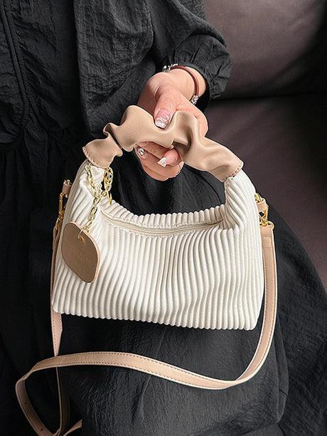 New Style Fashionable Simple All-Match Trendy Pleated Weaving Pu Color Block Handbag Shoulder Bag Crossbody Bag