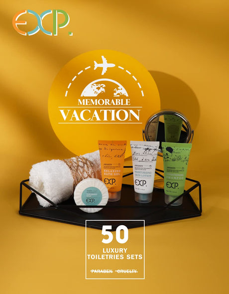 OPPEAL EXP Series| 200 PK 1 Oz Hotel Size Amenities Bulk | 50 Sets Each Contains Shampoo & Conditioner 2 in 1, Body Wash, Body Lotion and Soap Bar | Ideal Size for Hotel/Airbnb/Vrbo/Vacation Rental