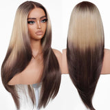 Brownbomb Wear and Go Layered Straight Synthetic Wig Glueless Pre Cut Lace Pre Plucked 26 Inch and Face Framing Bangs T Lace Perfect Middle Part Heat Resistant Fiber Realistic Wig for Daily Wear Parties Dating