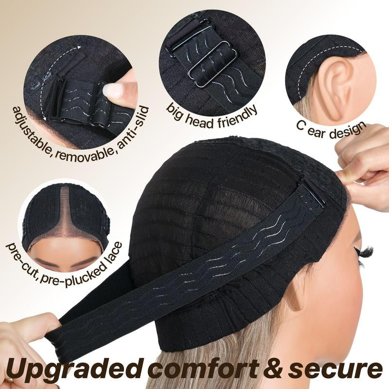 Brownbomb Wear and Go Layered Straight Synthetic Wig Glueless Pre Cut Lace Pre Plucked 26 Inch and Face Framing Bangs T Lace Perfect Middle Part Heat Resistant Fiber Realistic Wig for Daily Wear Parties Dating