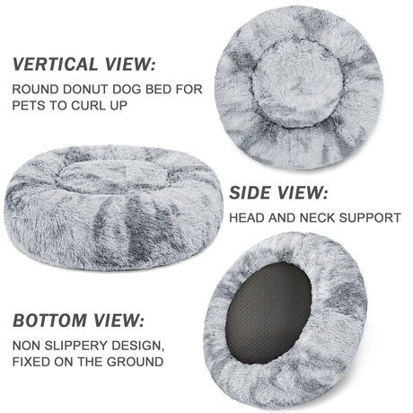 Calming Donut Pet Bed for Small Dogs 20", Anti-Anxiety Plush Cozy Warming Dog Bed, Gradient Grey