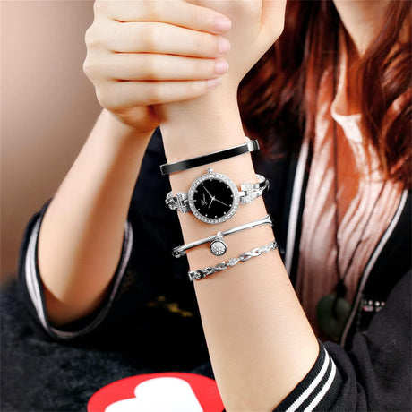 Women Crystal Watch with 3 Bracelets Set Quartz Wrist Watches Bangle Jewelry 4Pcs/Set for Ladies