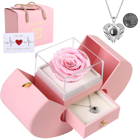 Preserved Real Rose with I Love You Necklace 100 Languages, Gifts for Girlfriend, Women, Mom, Wife, Gifts Idea on Christmas, Valentine'S Day, Mother'S Day, Birthday, Anniversary, Thanksgiving